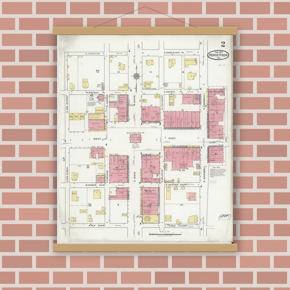 Old map wall art mockup — magnetic wood frame on brick wall — Sanborn Fire Insurance Map from Henderson, Rusk County, Texas (1919), Sheet #0002