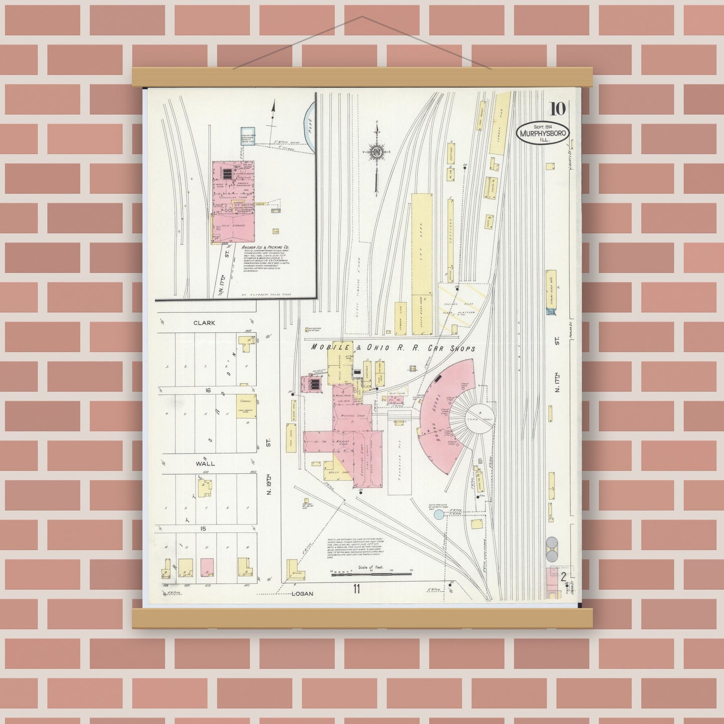 Old map wall art mockup — magnetic wood frame on brick wall — Sanborn Fire Insurance Map from Murphysboro, Jackson County, Illinois (1914), Sheet #0010