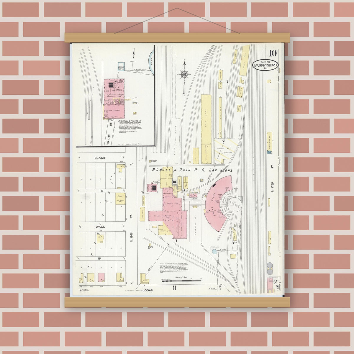 Old map wall art mockup — magnetic wood frame on brick wall — Sanborn Fire Insurance Map from Murphysboro, Jackson County, Illinois (1914), Sheet #0010