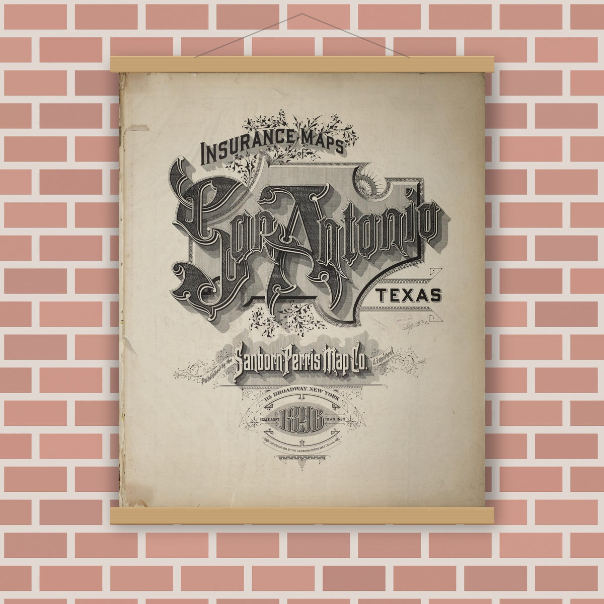 Old map wall art mockup — magnetic wood frame on brick wall — Sanborn Fire Insurance Map from San Antonio, Bexar County, Texas (1896), Sheet #0001