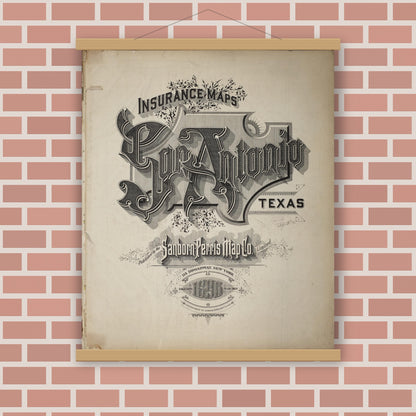 Old map wall art mockup — magnetic wood frame on brick wall — Sanborn Fire Insurance Map from San Antonio, Bexar County, Texas (1896), Sheet #0001