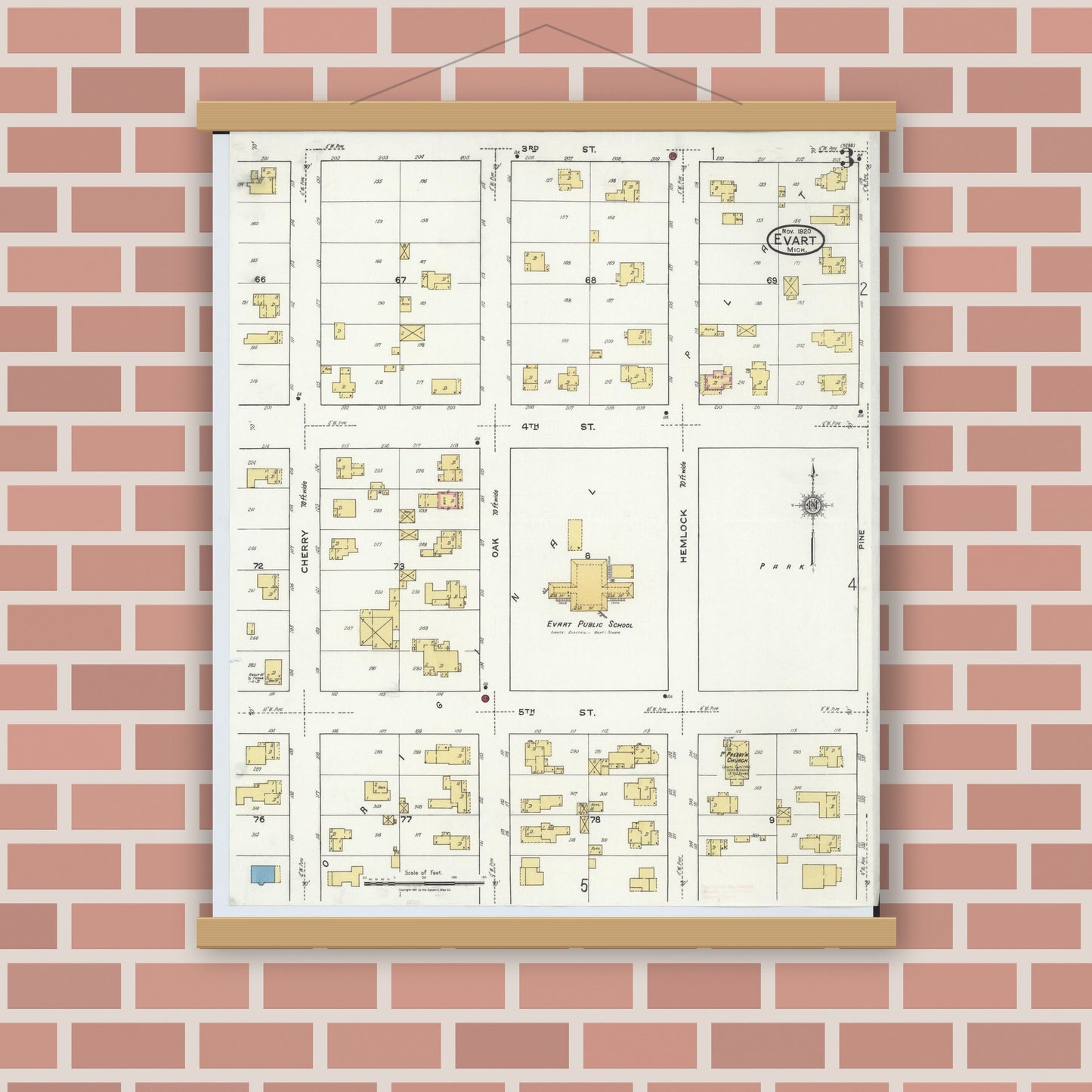 Old map wall art mockup — magnetic wood frame on brick wall — Sanborn Fire Insurance Map from Evart, Osceola County, Michigan (1920), Sheet #0003
