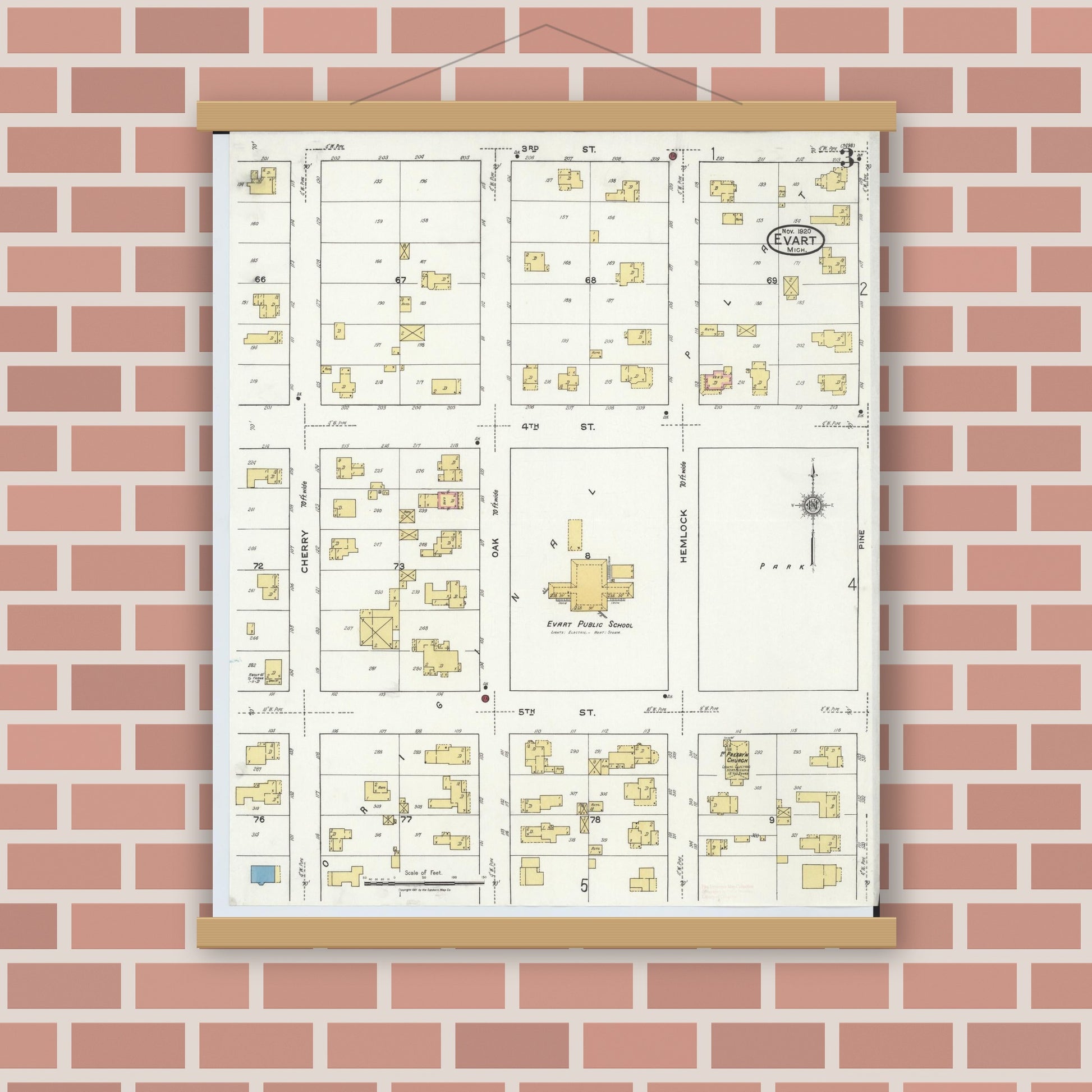 Old map wall art mockup — magnetic wood frame on brick wall — Sanborn Fire Insurance Map from Evart, Osceola County, Michigan (1920), Sheet #0003
