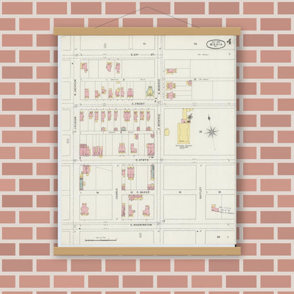 Old map wall art mockup — magnetic wood frame on brick wall — Sanborn Fire Insurance Map from Media, Delaware County, Pennsylvania (1894), Sheet #0004