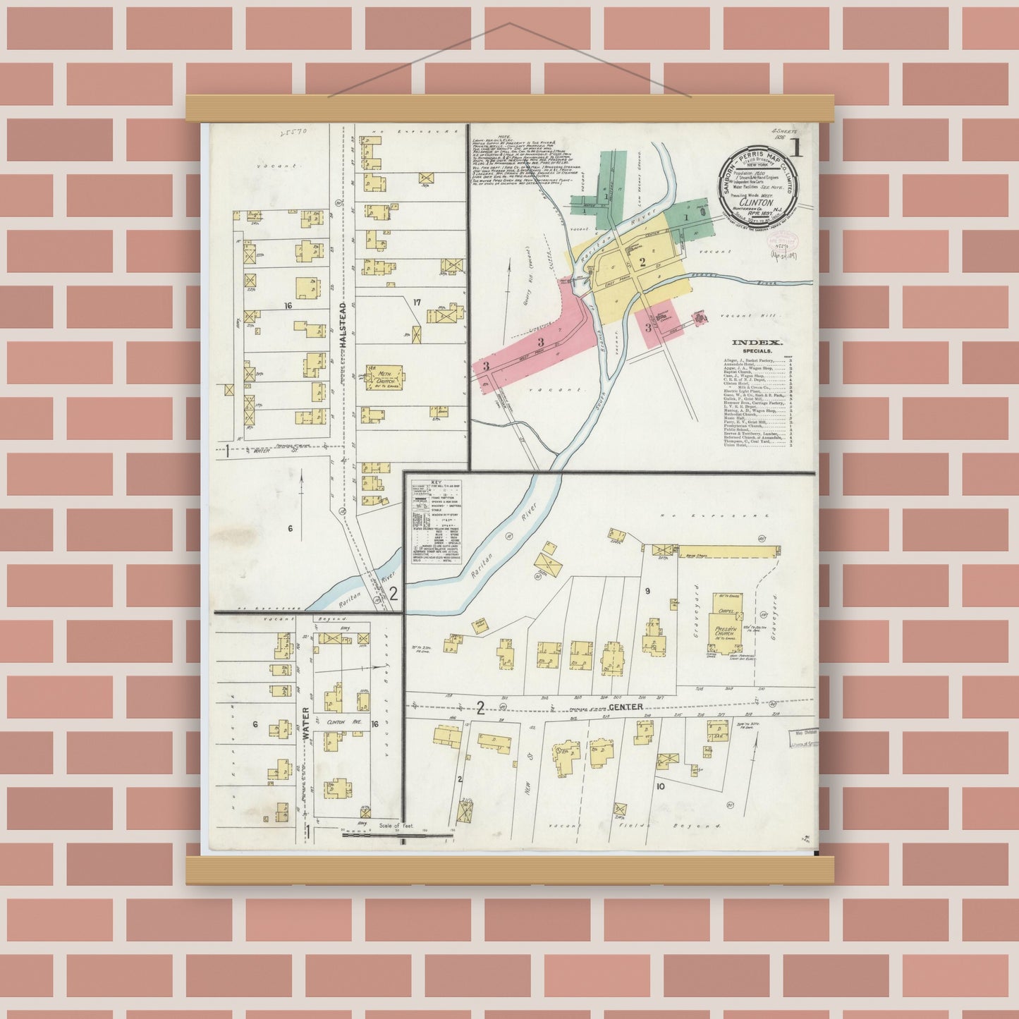 Old map wall art mockup — magnetic wood frame on brick wall — Sanborn Fire Insurance Map from Clinton, Hunterdon County, New Jersey (1897) - Complete Map Set