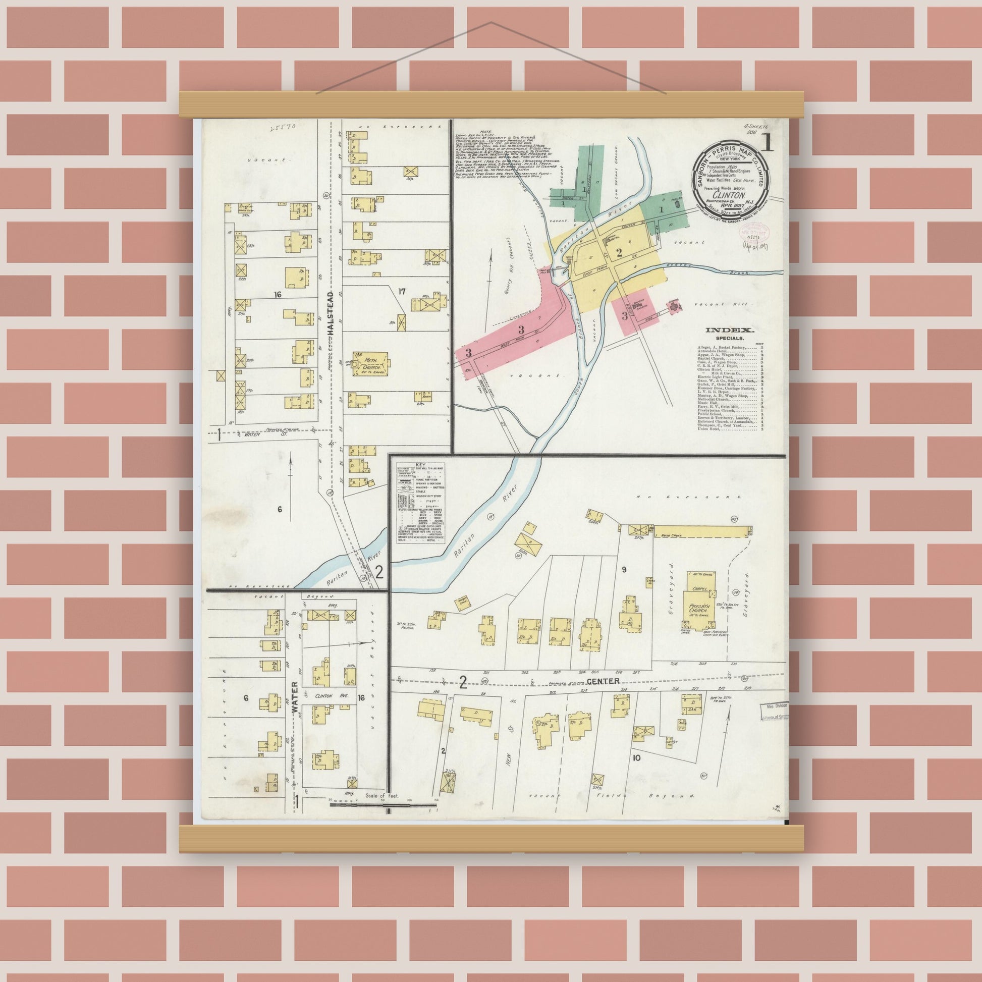 Old map wall art mockup — magnetic wood frame on brick wall — Sanborn Fire Insurance Map from Clinton, Hunterdon County, New Jersey (1897) - Complete Map Set
