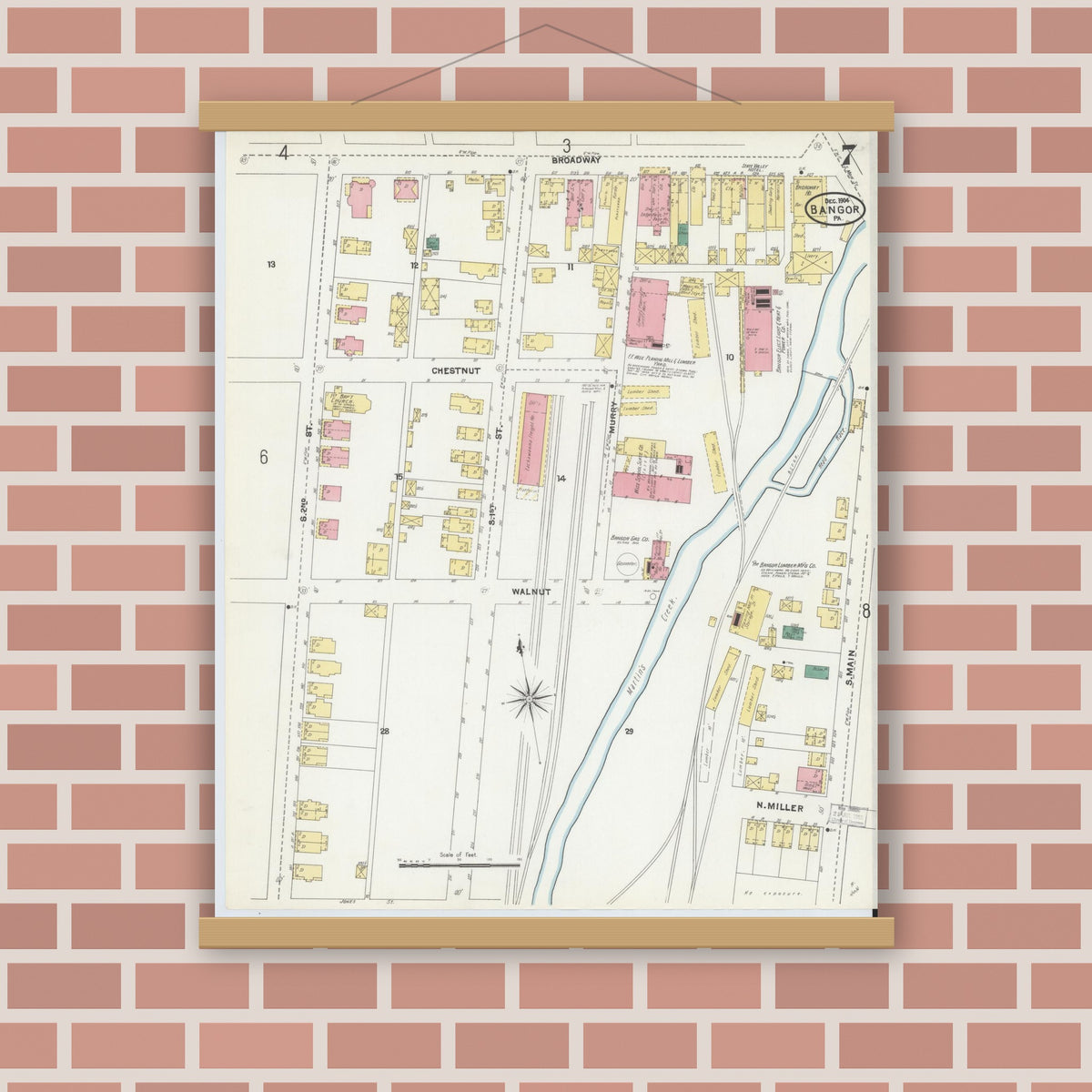 Old map wall art mockup — magnetic wood frame on brick wall — Sanborn Fire Insurance Map from Bangor, Northampton County, Pennsylvania (1904), Sheet #0007
