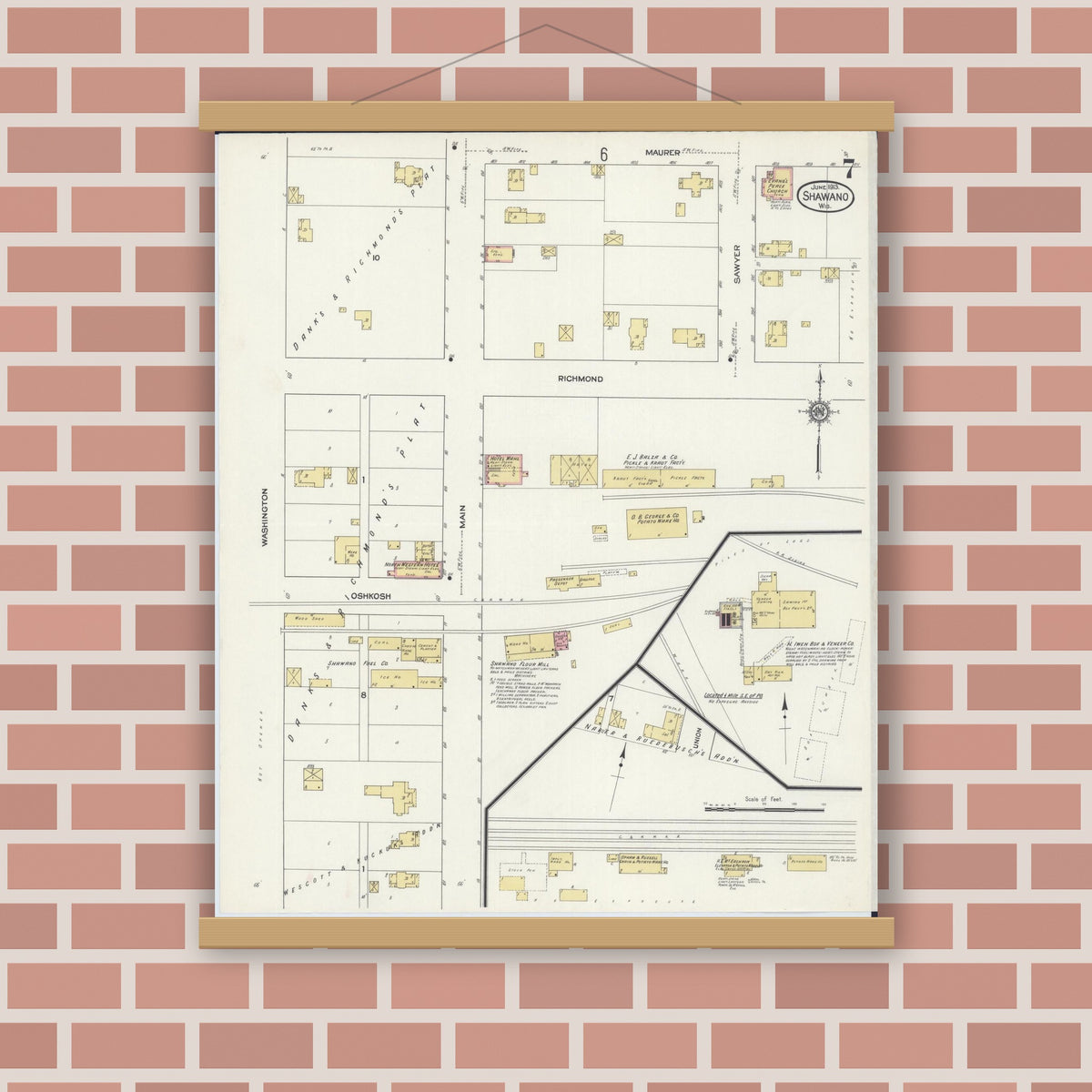 Old map wall art mockup — magnetic wood frame on brick wall — Sanborn Fire Insurance Map from Shawano, Shawano County, Wisconsin (1913), Sheet #0007