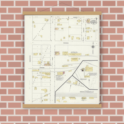 Old map wall art mockup — magnetic wood frame on brick wall — Sanborn Fire Insurance Map from Shawano, Shawano County, Wisconsin (1913), Sheet #0007
