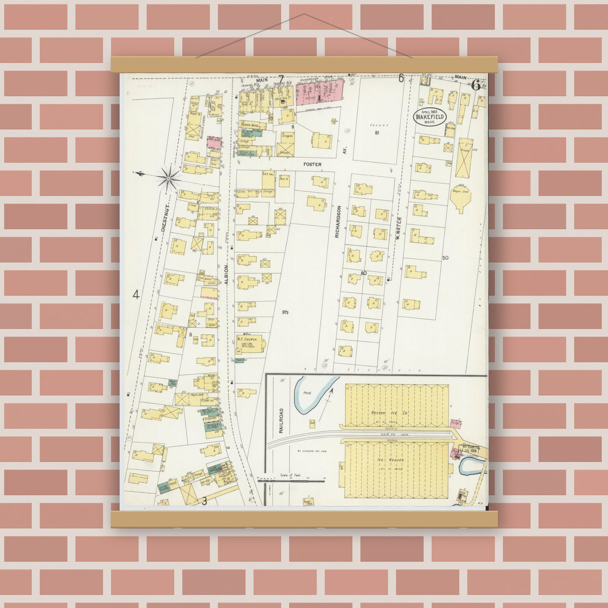 Old map wall art mockup — magnetic wood frame on brick wall — Sanborn Fire Insurance Map from Wakefield, Middlesex County, Massachusetts (1903), Sheet #0006