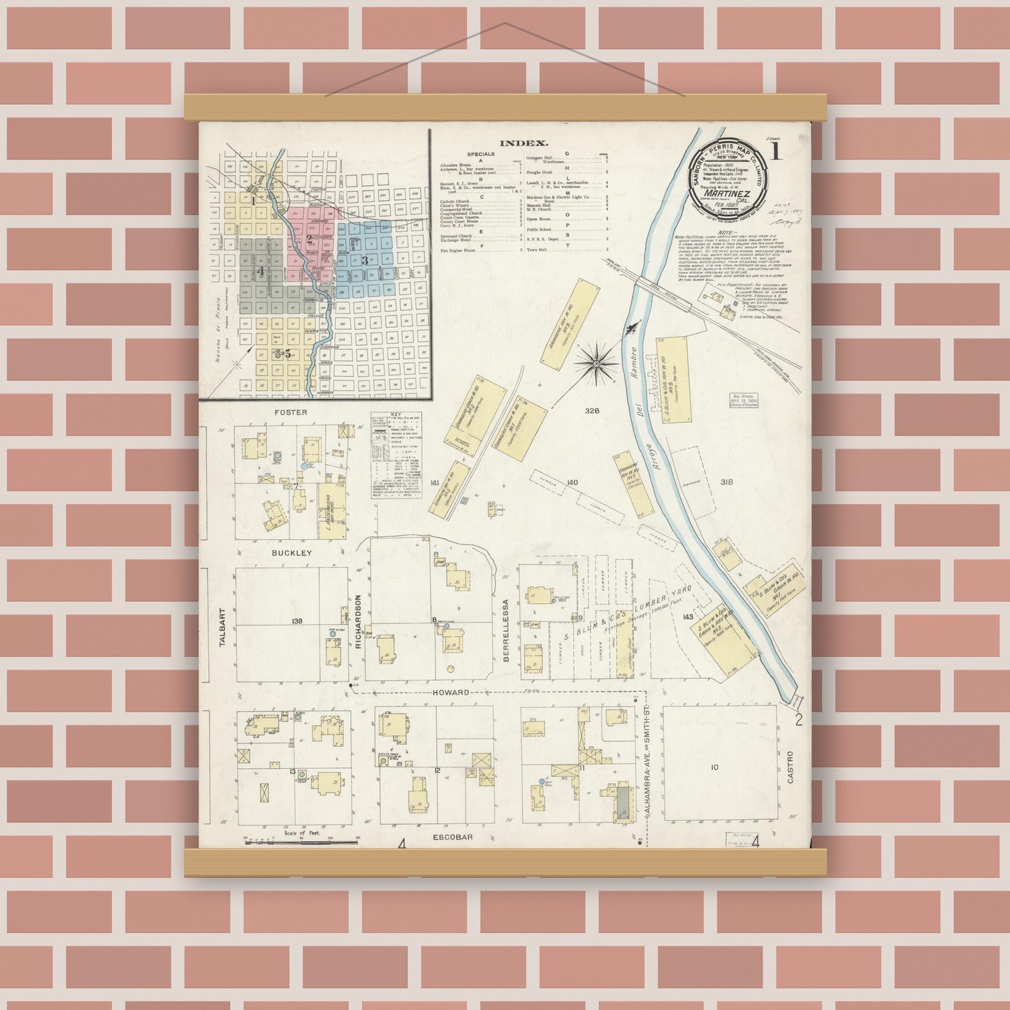 Old map wall art mockup — magnetic wood frame on brick wall — Sanborn Fire Insurance Map from Martinez, Contra Costa County, California (1897) - Complete Map Set