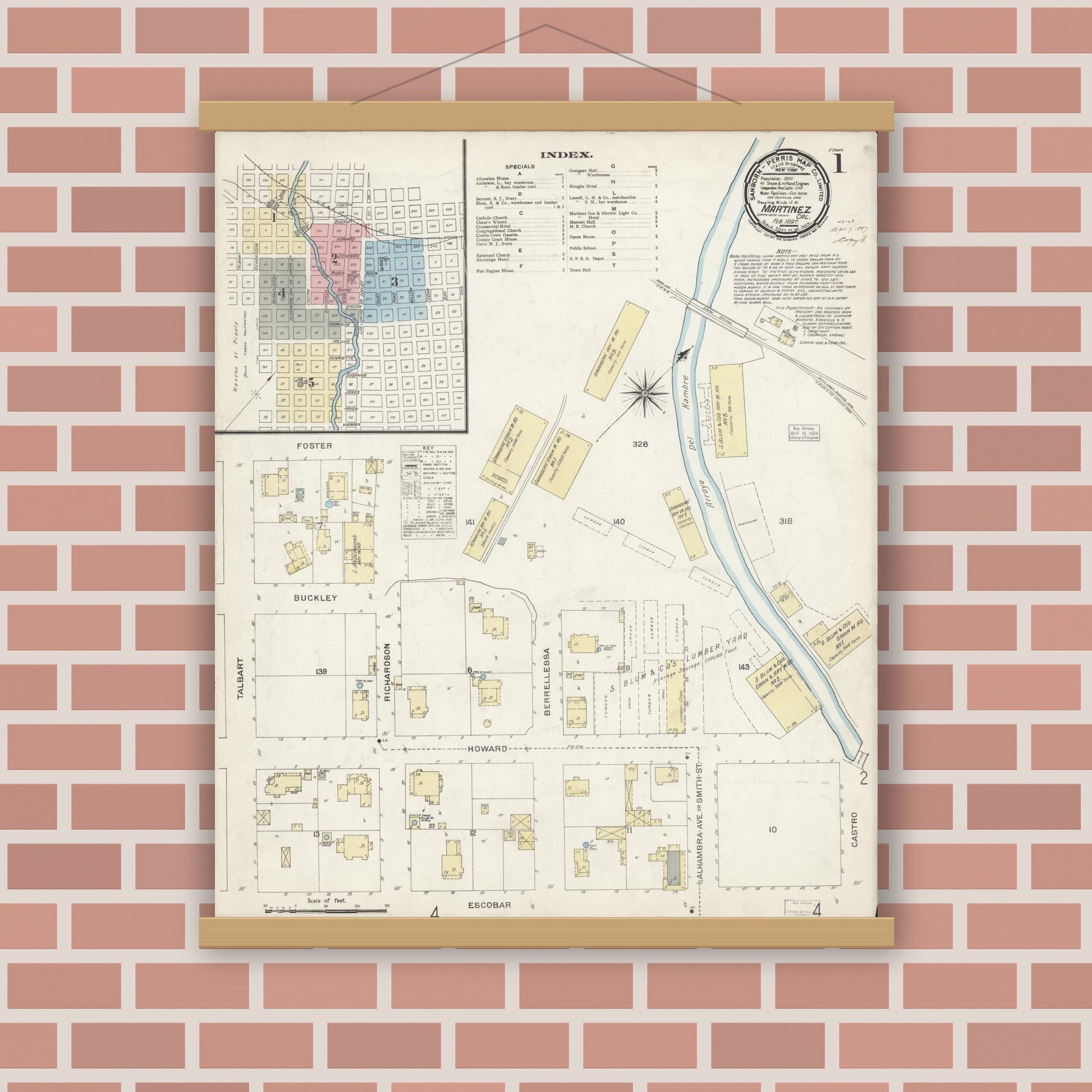 Old map wall art mockup — magnetic wood frame on brick wall — Sanborn Fire Insurance Map from Martinez, Contra Costa County, California (1897) - Complete Map Set