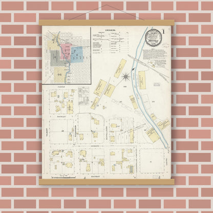 Old map wall art mockup — magnetic wood frame on brick wall — Sanborn Fire Insurance Map from Martinez, Contra Costa County, California (1897) - Complete Map Set