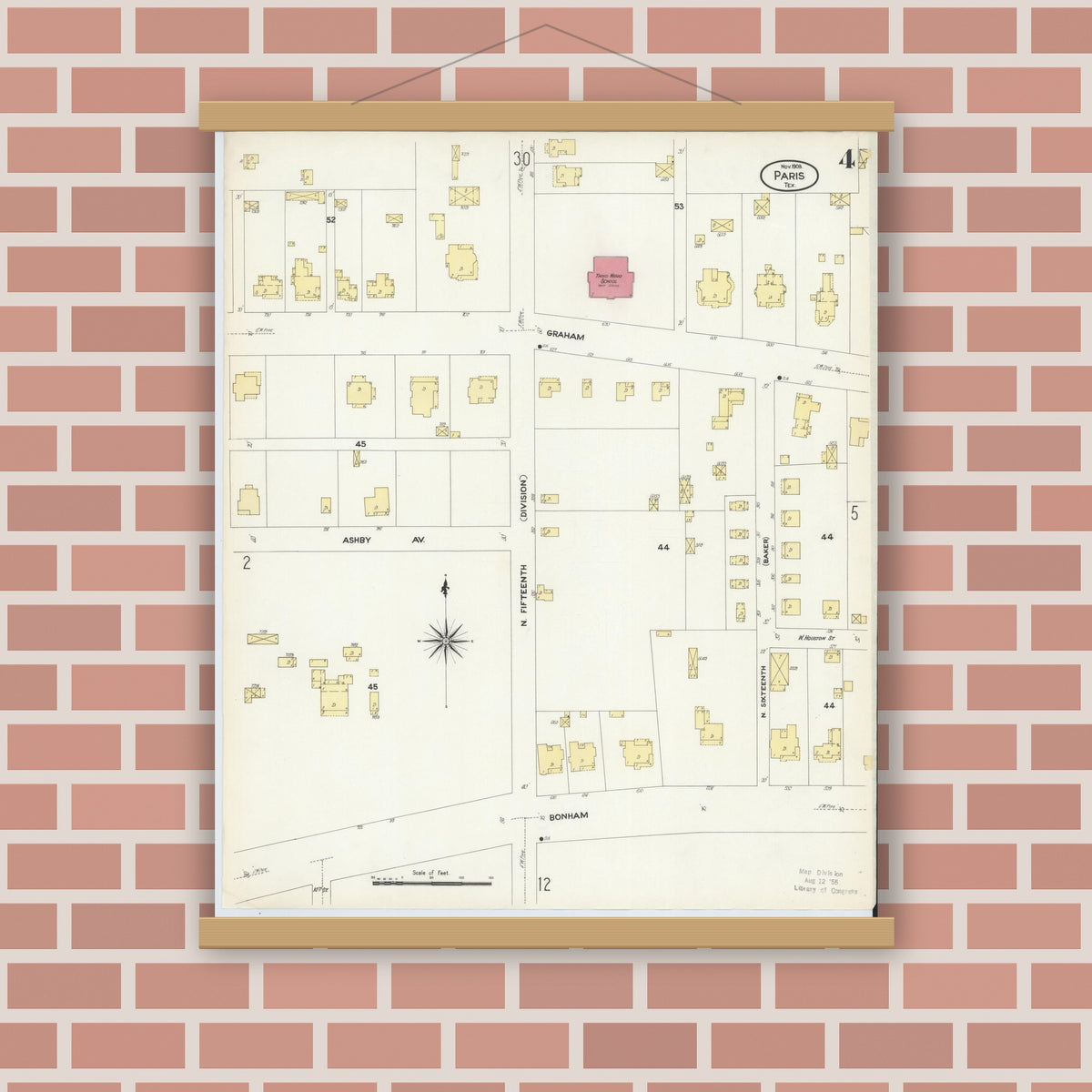 Old map wall art mockup — magnetic wood frame on brick wall — Sanborn Fire Insurance Map from Paris, Lamar County, Texas (1908), Sheet #0004