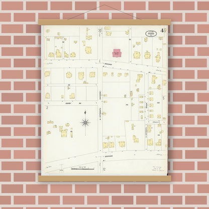 Old map wall art mockup — magnetic wood frame on brick wall — Sanborn Fire Insurance Map from Paris, Lamar County, Texas (1908), Sheet #0004