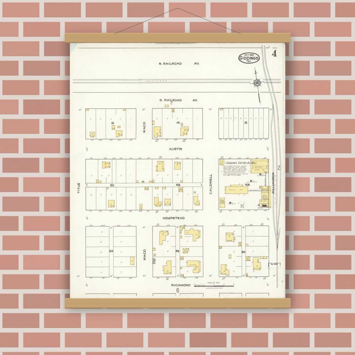 Old map wall art mockup — magnetic wood frame on brick wall — Sanborn Fire Insurance Map from Giddings, Lee County, Texas (1921), Sheet #0004