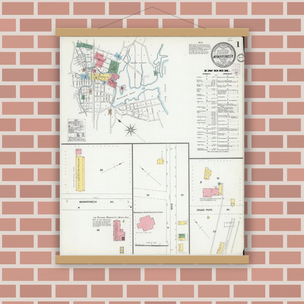 Old map wall art mockup — magnetic wood frame on brick wall — Sanborn Fire Insurance Map from Mamaroneck, Westchester County, New York (1902) - Complete Map Set