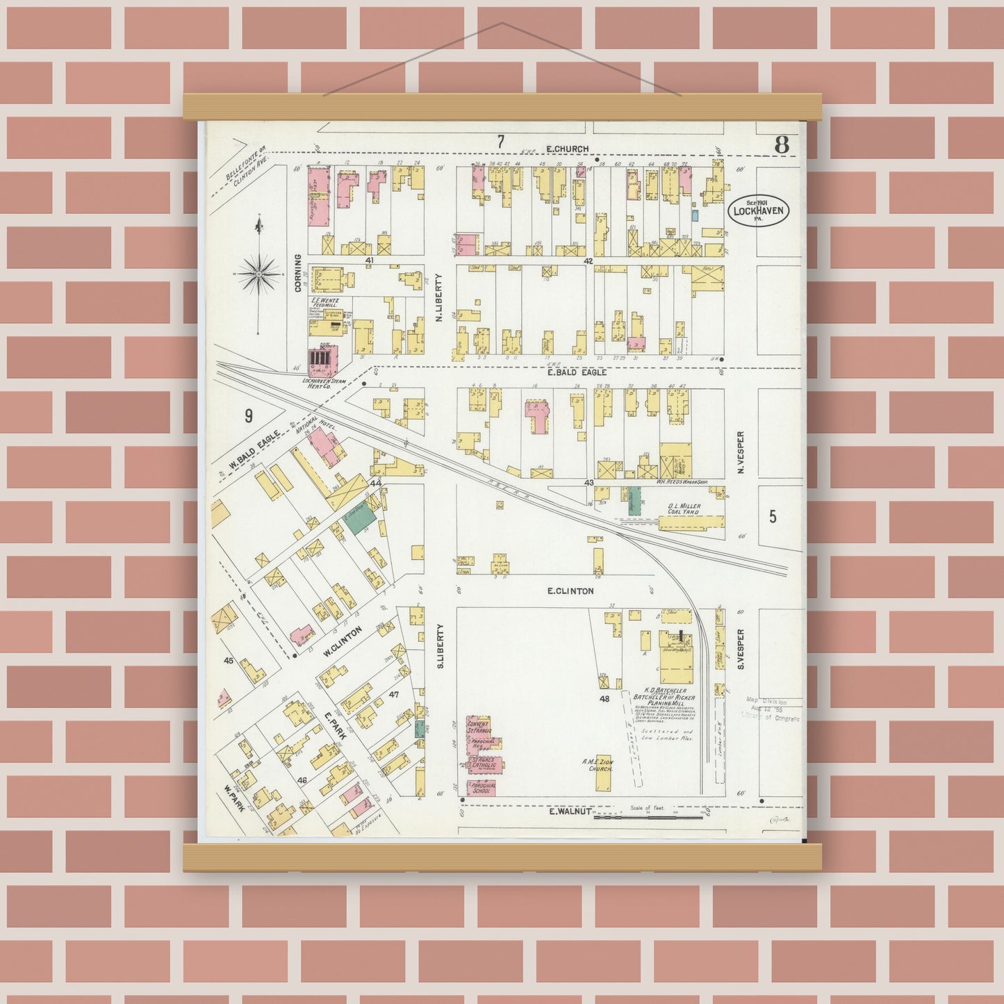 Old map wall art mockup — magnetic wood frame on brick wall — Sanborn Fire Insurance Map from Lock Haven, Clinton County, Pennsylvania (1901), Sheet #0008