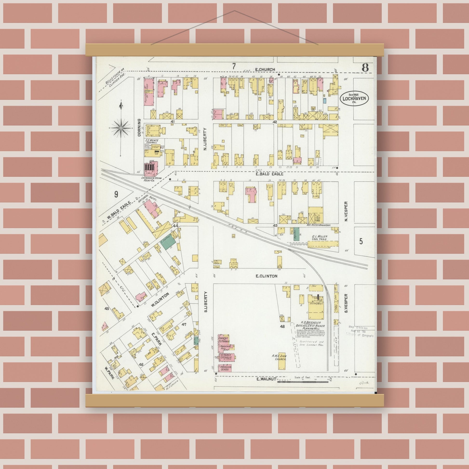 Old map wall art mockup — magnetic wood frame on brick wall — Sanborn Fire Insurance Map from Lock Haven, Clinton County, Pennsylvania (1901), Sheet #0008