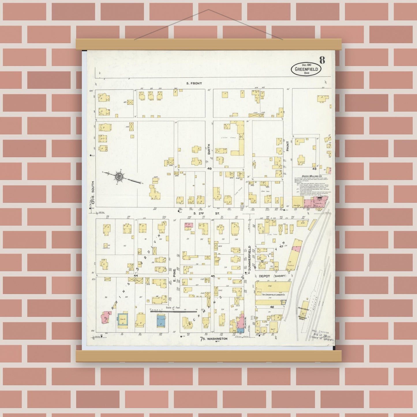 Old map wall art mockup — magnetic wood frame on brick wall — Sanborn Fire Insurance Map from Greenfield, Highland County, Ohio (1910), Sheet #0008