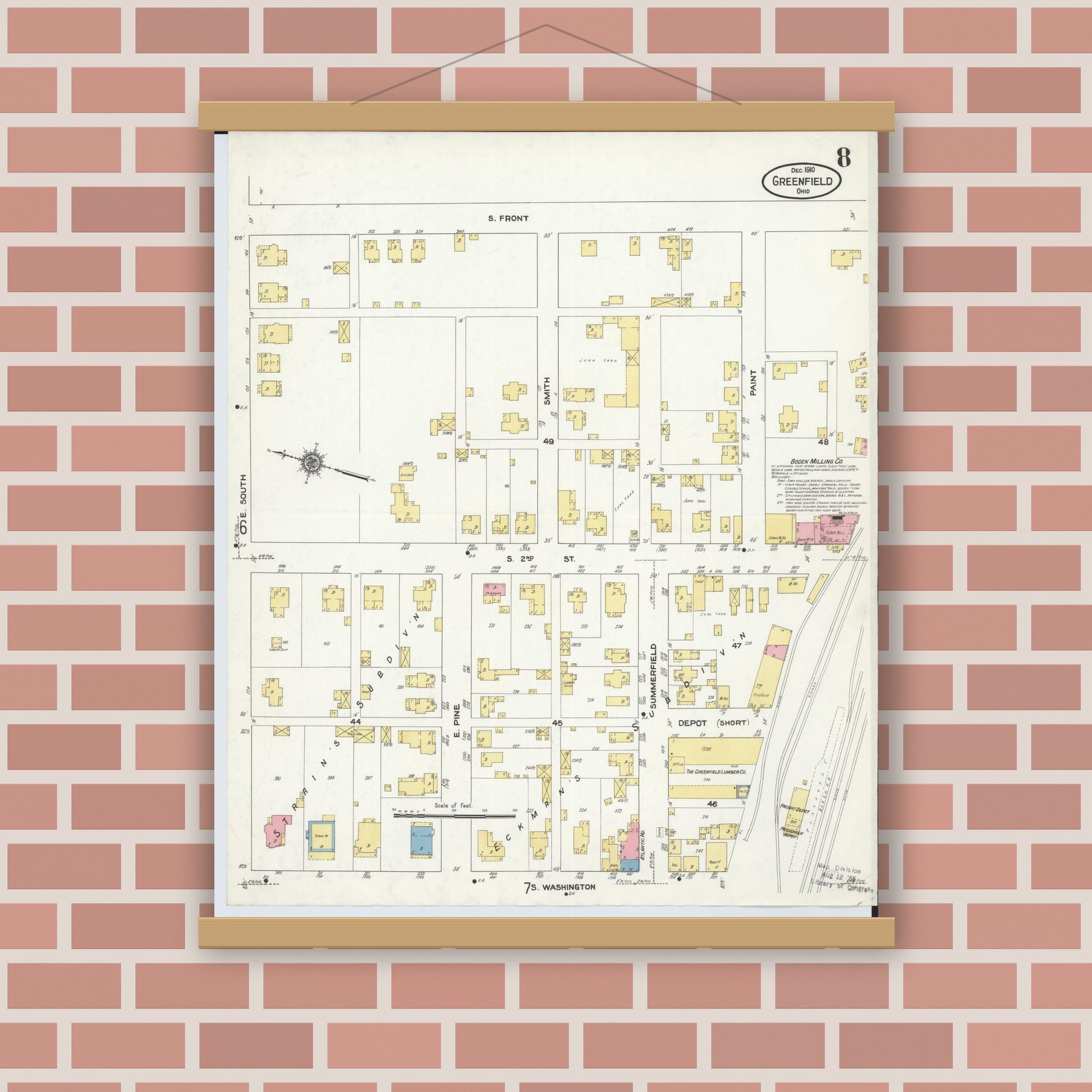 Old map wall art mockup — magnetic wood frame on brick wall — Sanborn Fire Insurance Map from Greenfield, Highland County, Ohio (1910), Sheet #0008
