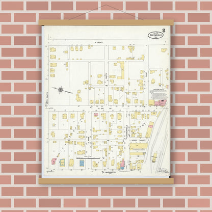 Old map wall art mockup — magnetic wood frame on brick wall — Sanborn Fire Insurance Map from Greenfield, Highland County, Ohio (1910), Sheet #0008