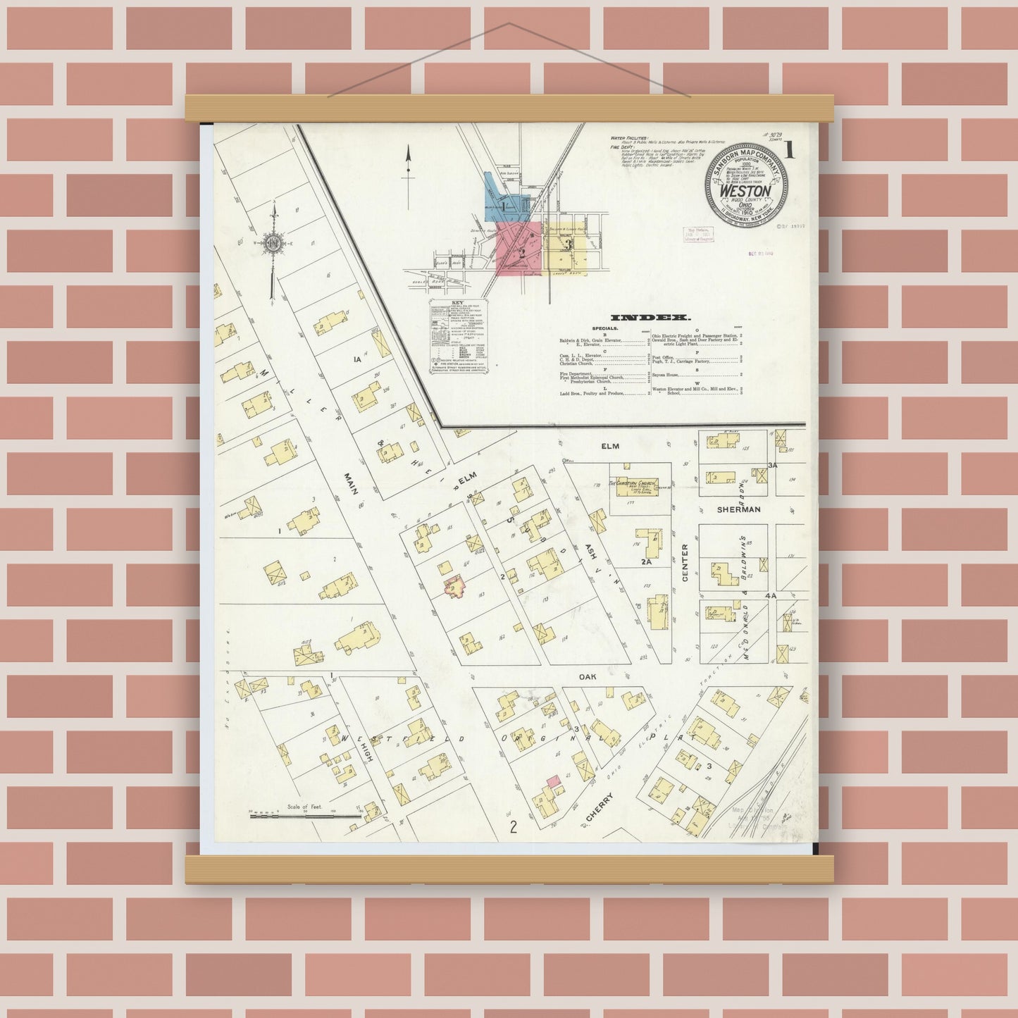 Old map wall art mockup — magnetic wood frame on brick wall — Sanborn Fire Insurance Map from Weston, Wood County, Ohio (1910), Sheet #0001