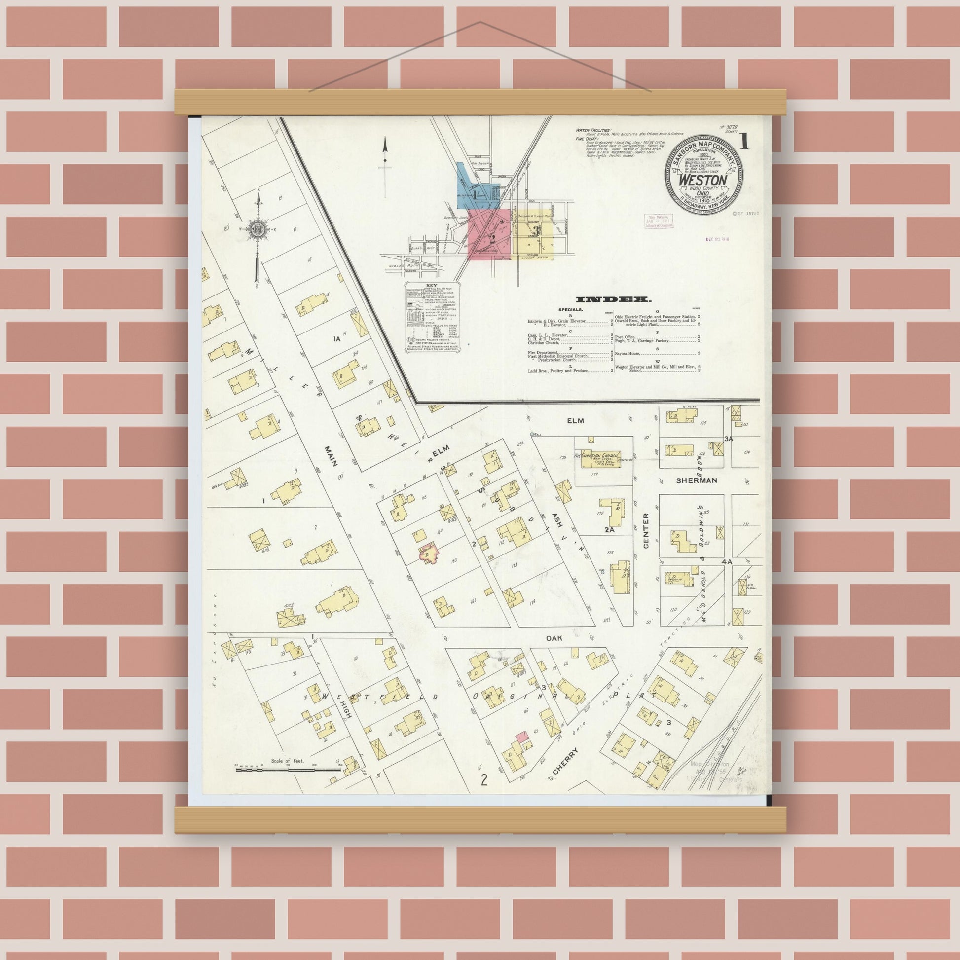 Old map wall art mockup — magnetic wood frame on brick wall — Sanborn Fire Insurance Map from Weston, Wood County, Ohio (1910), Sheet #0001