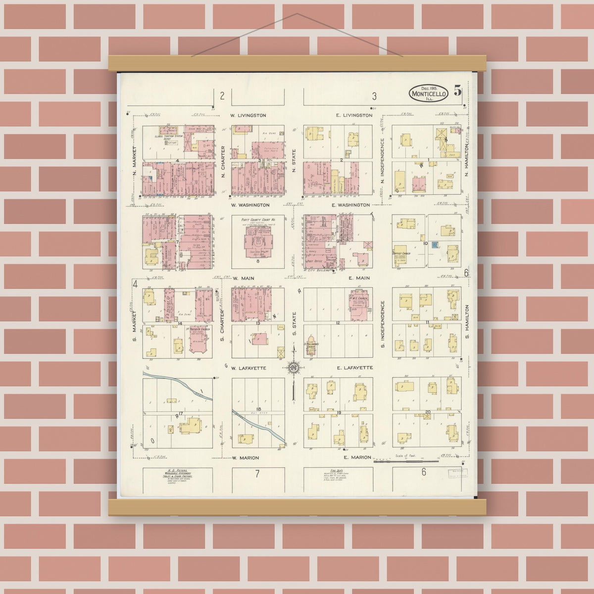 Old map wall art mockup — magnetic wood frame on brick wall — Sanborn Fire Insurance Map from Monticello, Piatt County, Illinois (1915), Sheet #0005
