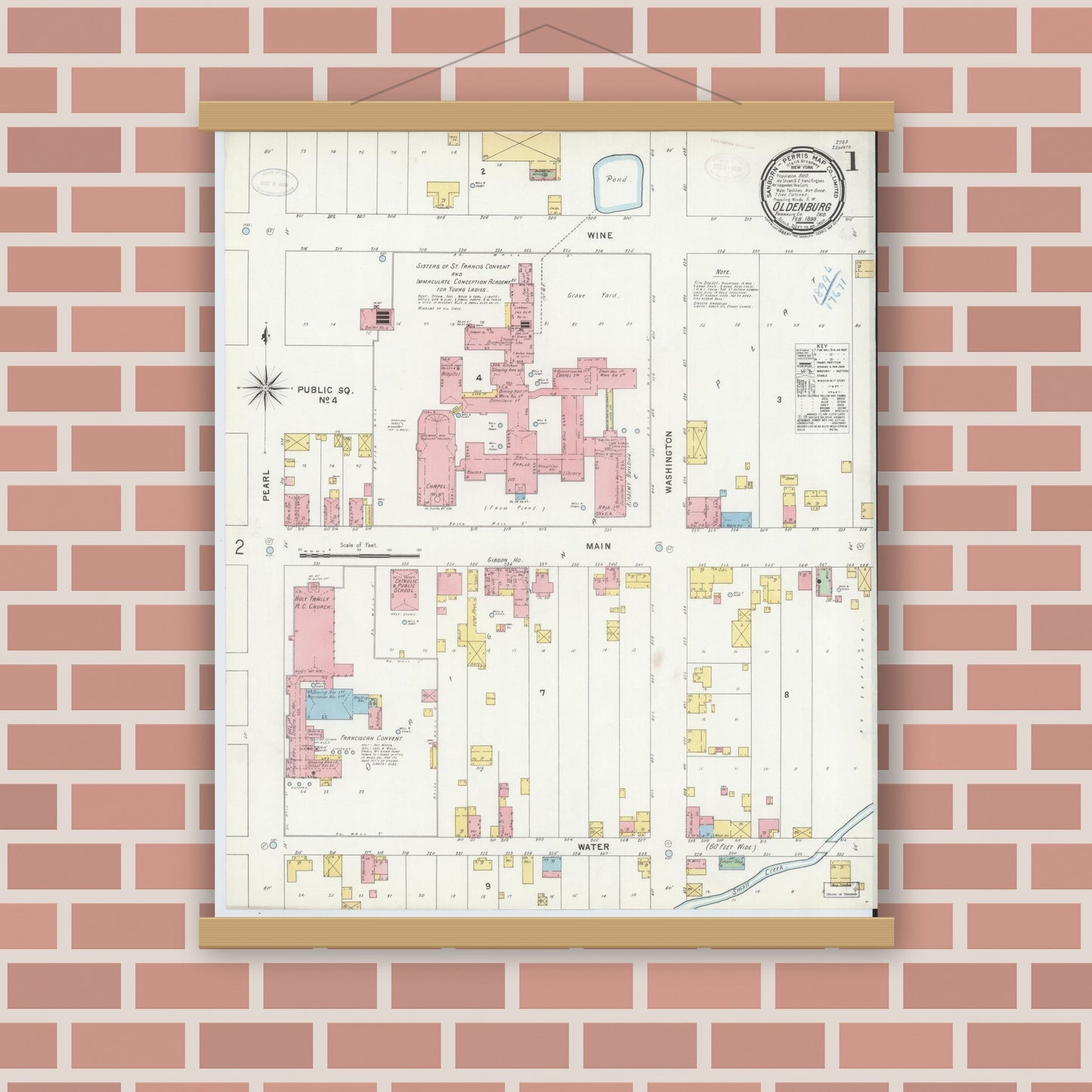 Old map wall art mockup — magnetic wood frame on brick wall — Sanborn Fire Insurance Map from Oldenburg, Franklin County, Indiana (1899) - Complete Map Set