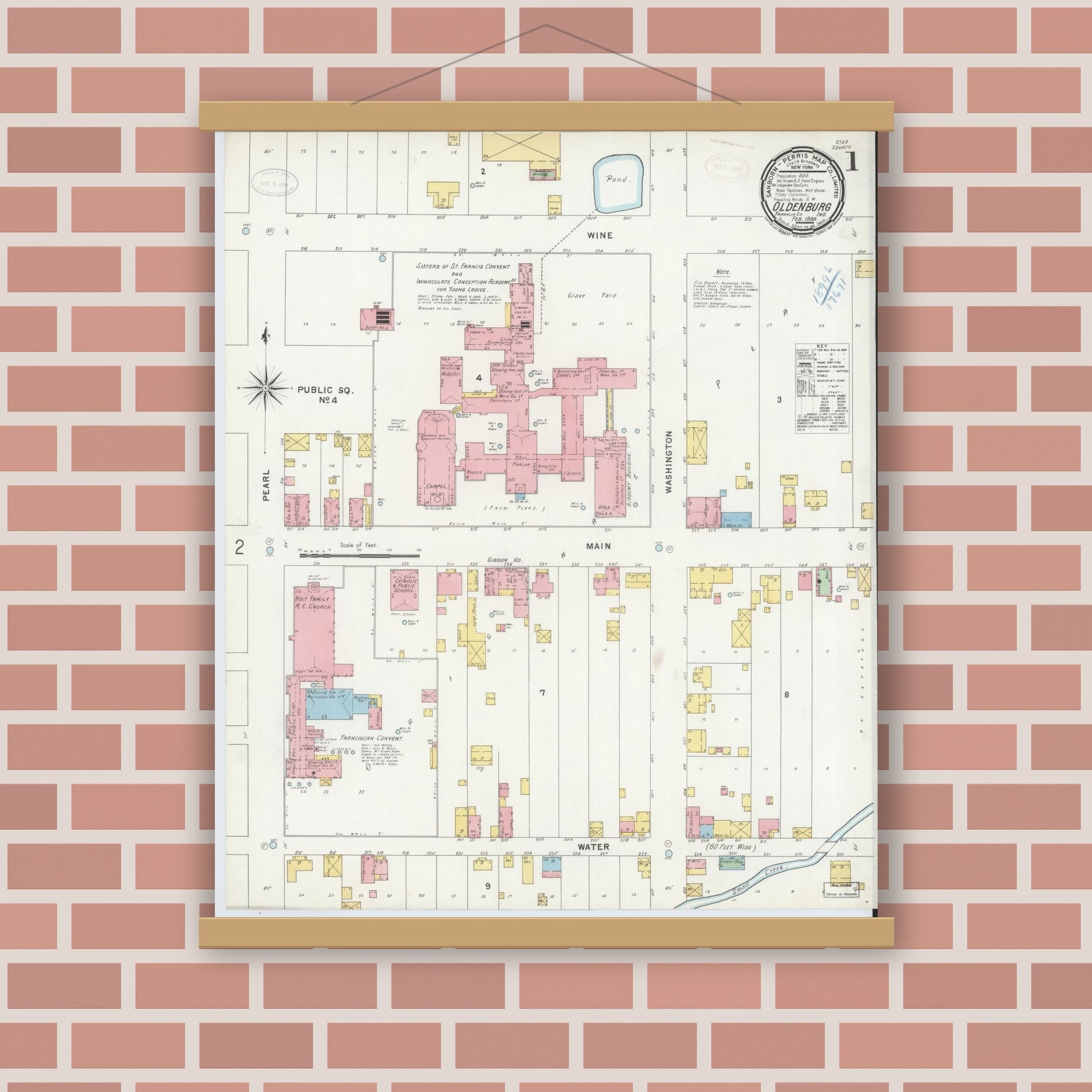 Old map wall art mockup — magnetic wood frame on brick wall — Sanborn Fire Insurance Map from Oldenburg, Franklin County, Indiana (1899) - Complete Map Set