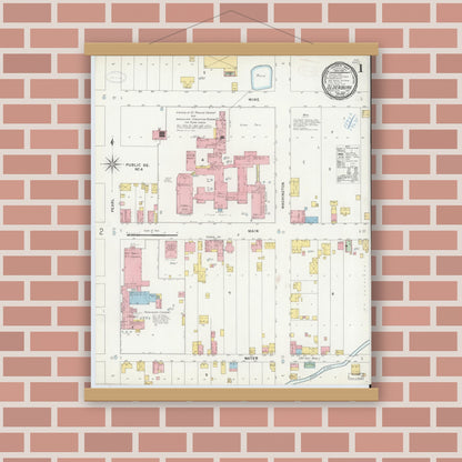 Old map wall art mockup — magnetic wood frame on brick wall — Sanborn Fire Insurance Map from Oldenburg, Franklin County, Indiana (1899) - Complete Map Set