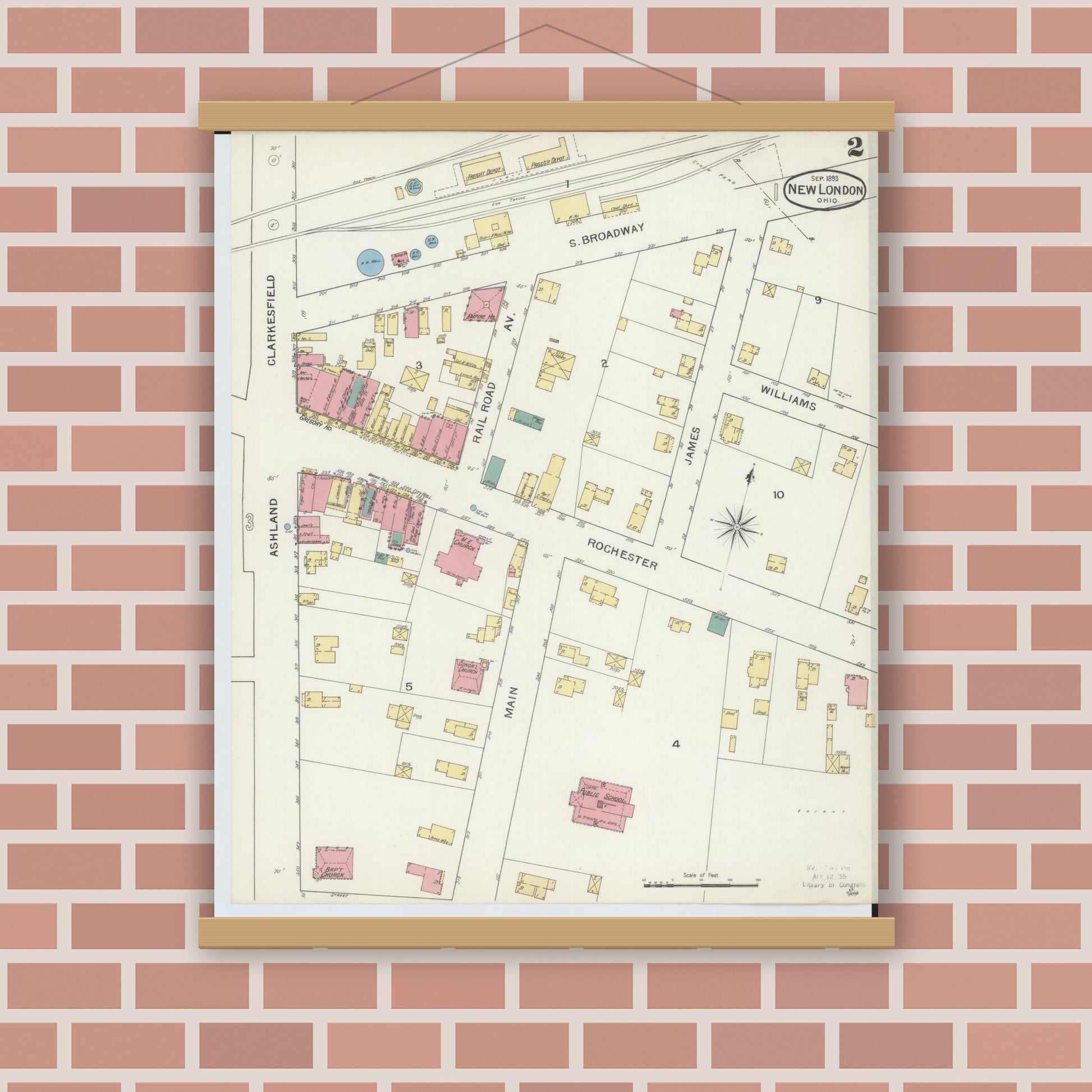 Old map wall art mockup — magnetic wood frame on brick wall — Sanborn Fire Insurance Map from New London, Huron County, Ohio (1893), Sheet #0002