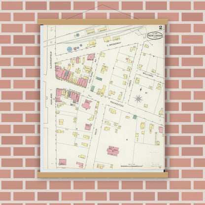 Old map wall art mockup — magnetic wood frame on brick wall — Sanborn Fire Insurance Map from New London, Huron County, Ohio (1893), Sheet #0002