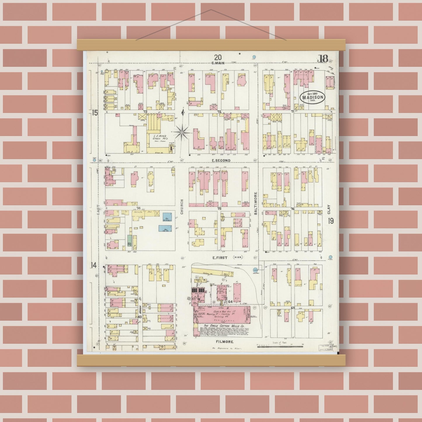 Old map wall art mockup — magnetic wood frame on brick wall — Sanborn Fire Insurance Map from Madison, Jefferson County, Indiana (1897), Sheet #0018