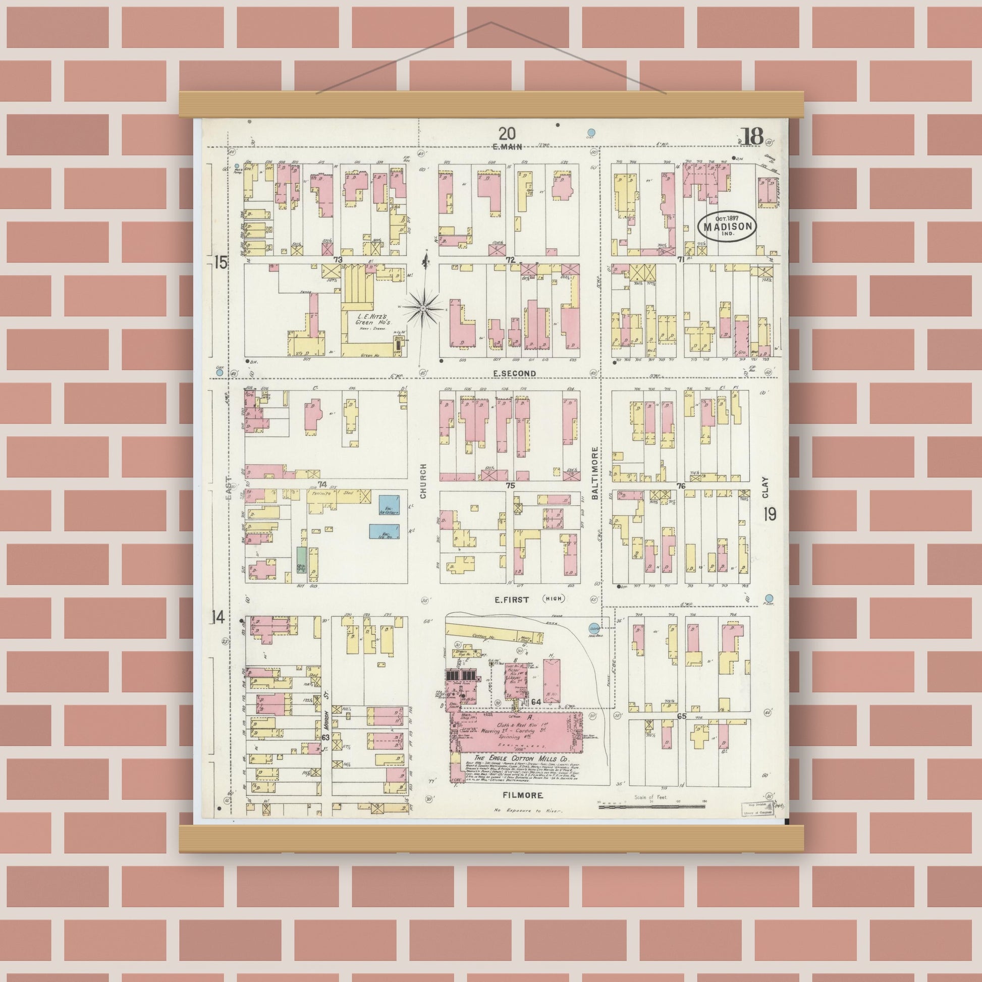 Old map wall art mockup — magnetic wood frame on brick wall — Sanborn Fire Insurance Map from Madison, Jefferson County, Indiana (1897), Sheet #0018