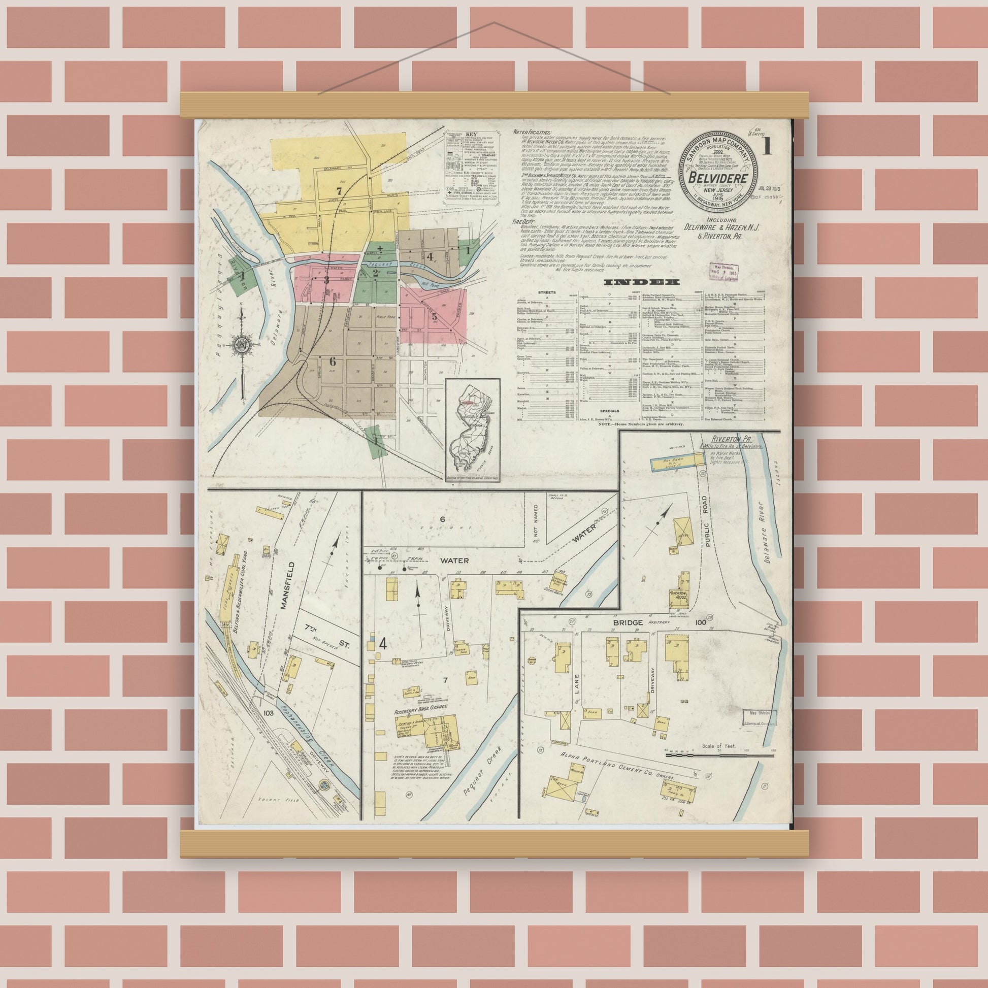 Old map wall art mockup — magnetic wood frame on brick wall — Sanborn Fire Insurance Map from Belvidere, Warren County, New Jersey (1915) - Complete Map Set