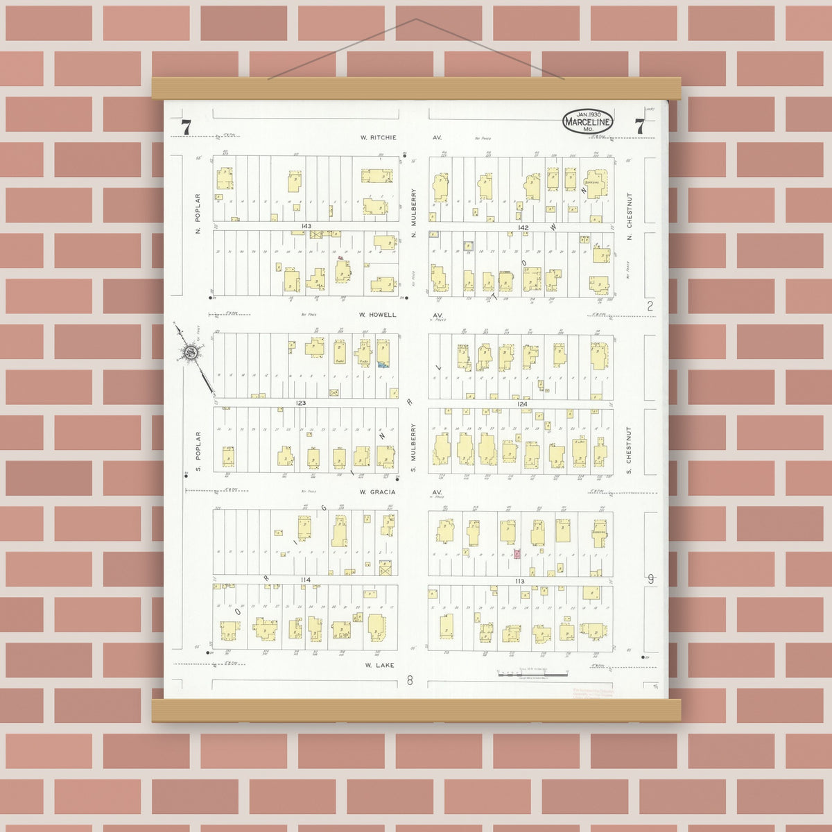 Old map wall art mockup — magnetic wood frame on brick wall — Sanborn Fire Insurance Map from Marceline, Linn County, Missouri (1930), Sheet #0007