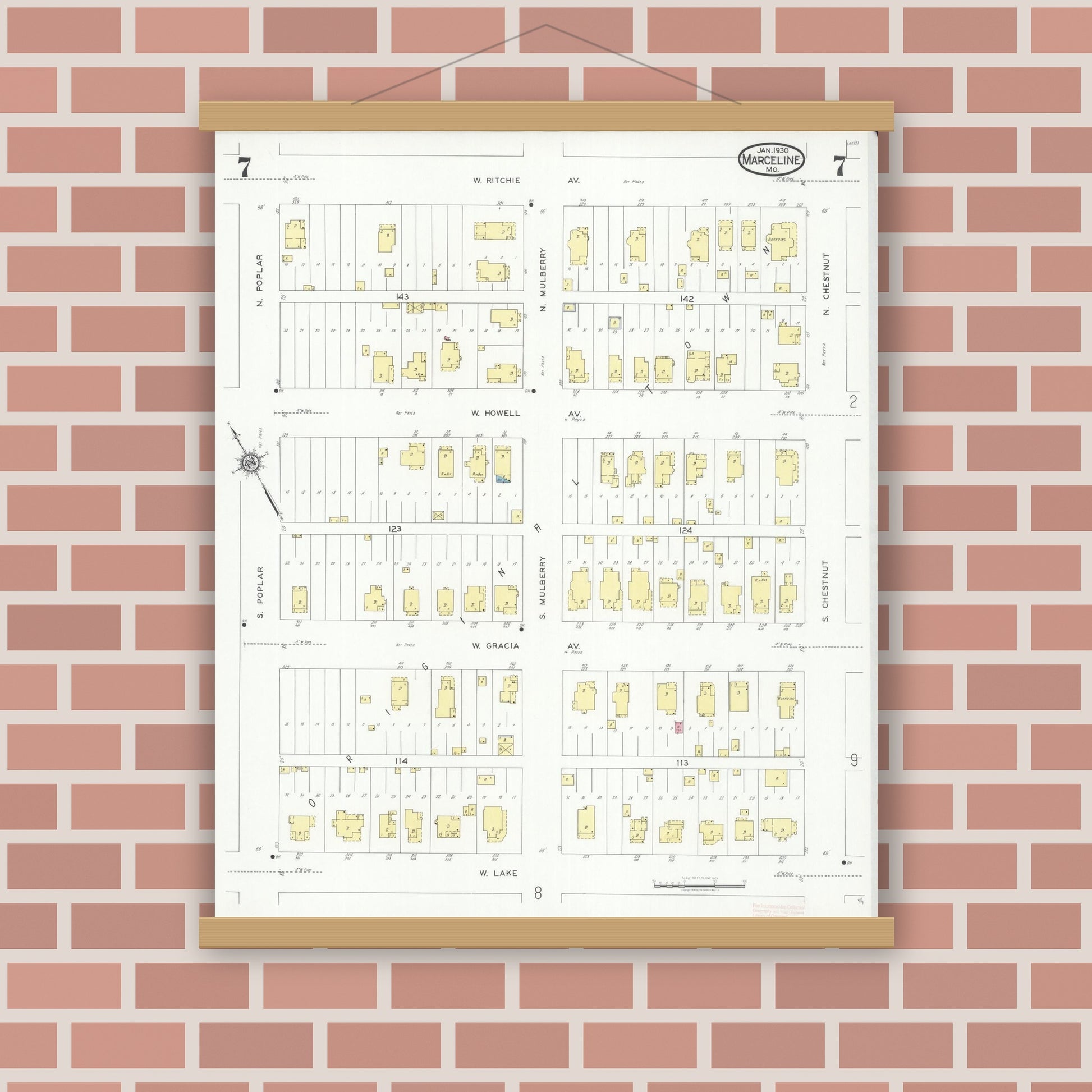 Old map wall art mockup — magnetic wood frame on brick wall — Sanborn Fire Insurance Map from Marceline, Linn County, Missouri (1930), Sheet #0007