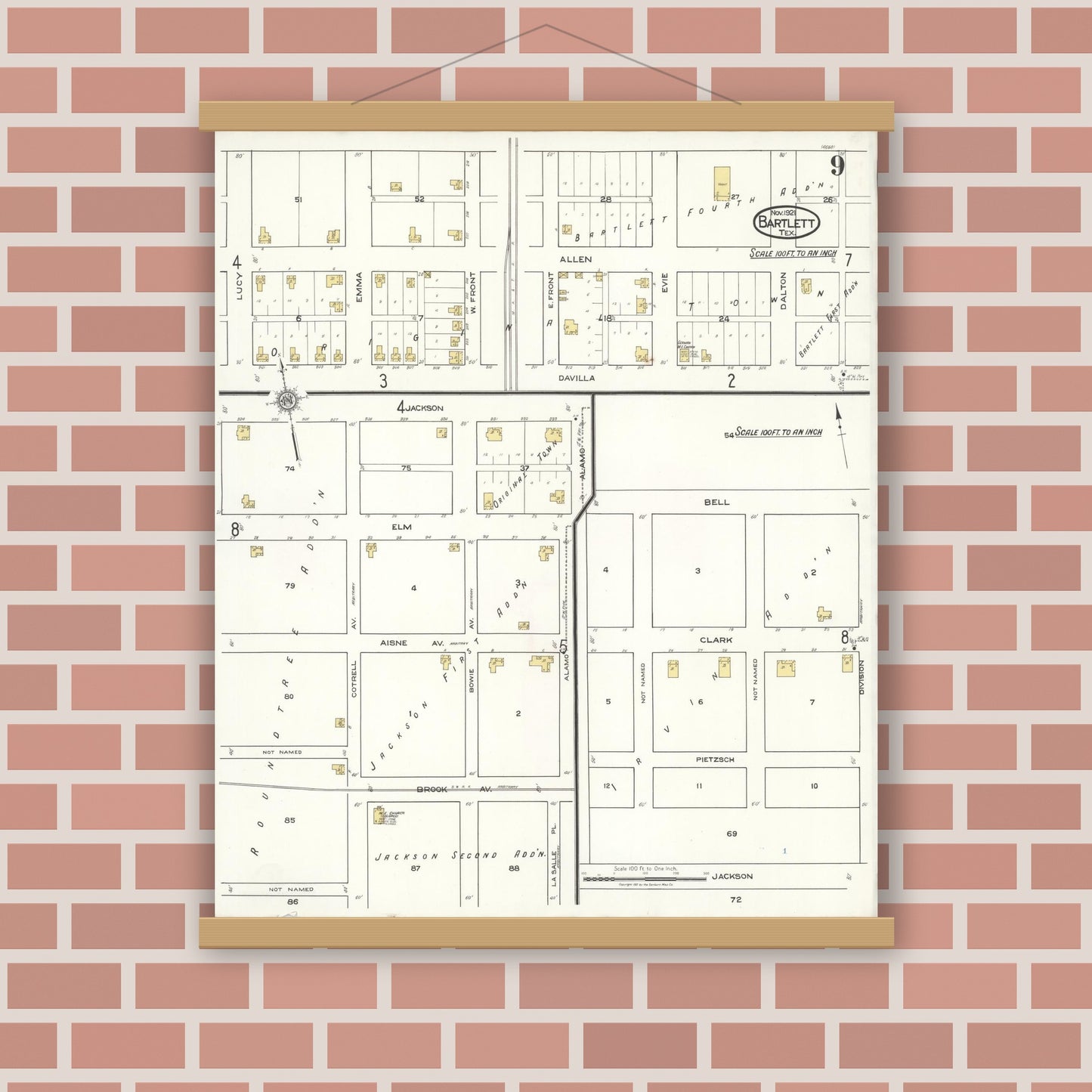 Old map wall art mockup — magnetic wood frame on brick wall — Sanborn Fire Insurance Map from Bartlett, Bell and Williamson Counties, Texas (1921), Sheet #0009