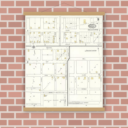 Old map wall art mockup — magnetic wood frame on brick wall — Sanborn Fire Insurance Map from Bartlett, Bell and Williamson Counties, Texas (1921), Sheet #0009