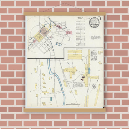 Old map wall art mockup — magnetic wood frame on brick wall — Sanborn Fire Insurance Map from Wellsboro, Tioga County, Pennsylvania (1891), Sheet #0001