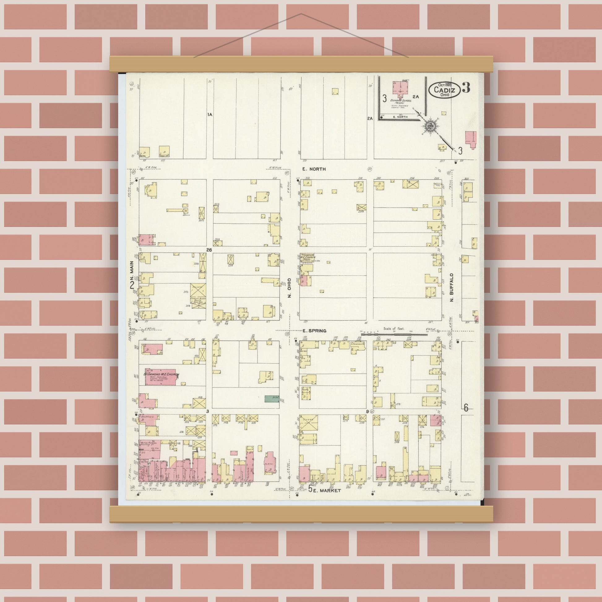 Old map wall art mockup — magnetic wood frame on brick wall — Sanborn Fire Insurance Map from Cadiz, Harrison County, Ohio (1909), Sheet #0003