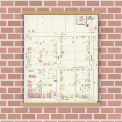 Old map wall art mockup — magnetic wood frame on brick wall — Sanborn Fire Insurance Map from Cadiz, Harrison County, Ohio (1909), Sheet #0003