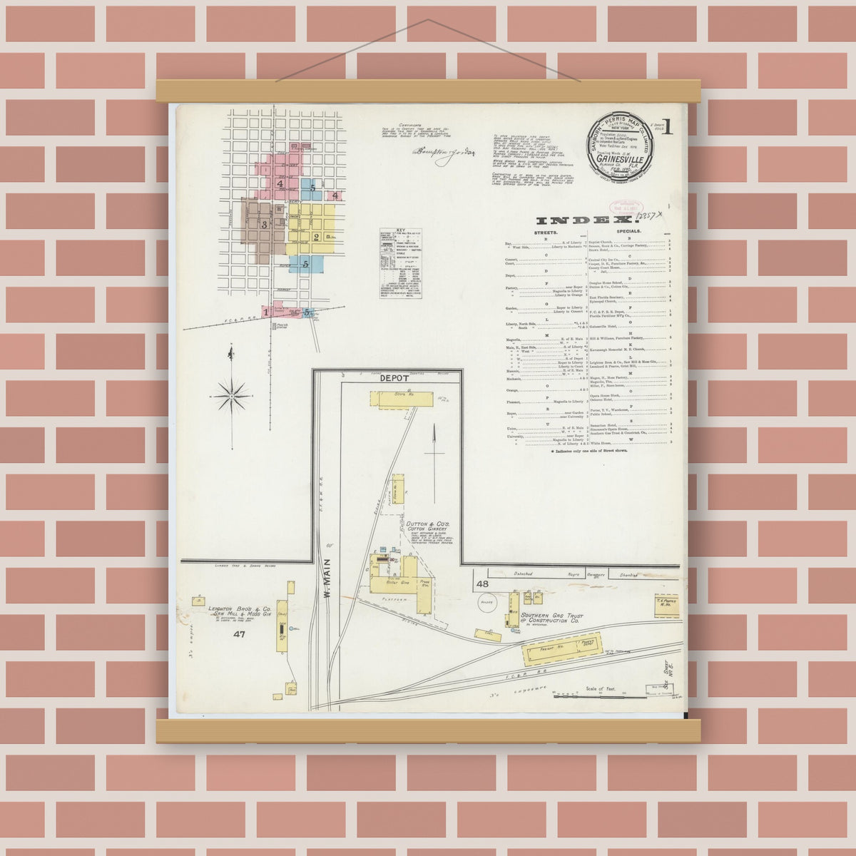 Old map wall art mockup — magnetic wood frame on brick wall — Sanborn Fire Insurance Map from Gainesville, Alachua County, Florida (1892), Sheet #0001