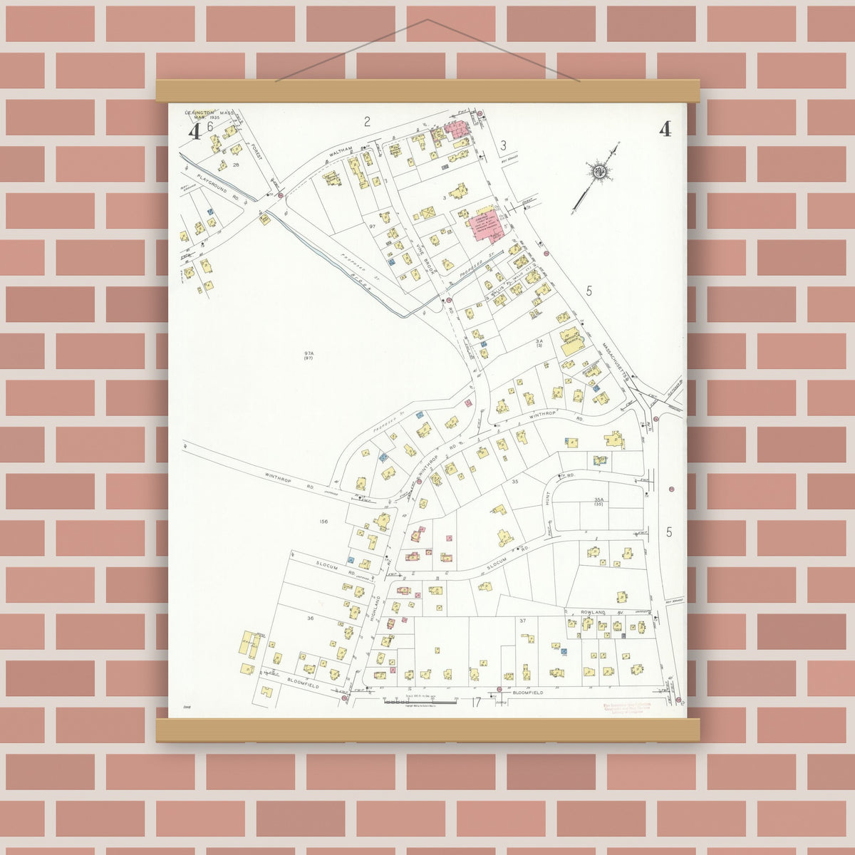 Old map wall art mockup — magnetic wood frame on brick wall — Sanborn Fire Insurance Map from Lexington, Middlesex County, Massachusetts (1935), Sheet #0004