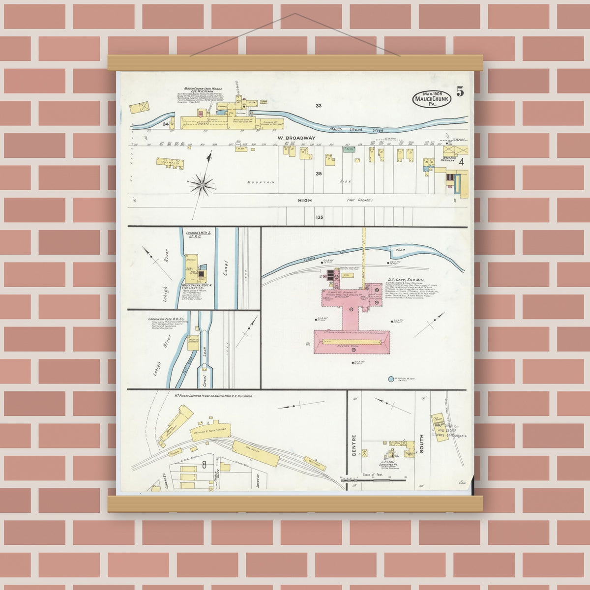 Old map wall art mockup — magnetic wood frame on brick wall — Sanborn Fire Insurance Map from Mauch Chunk, Carbon County, Pennsylvania (1908), Sheet #0005
