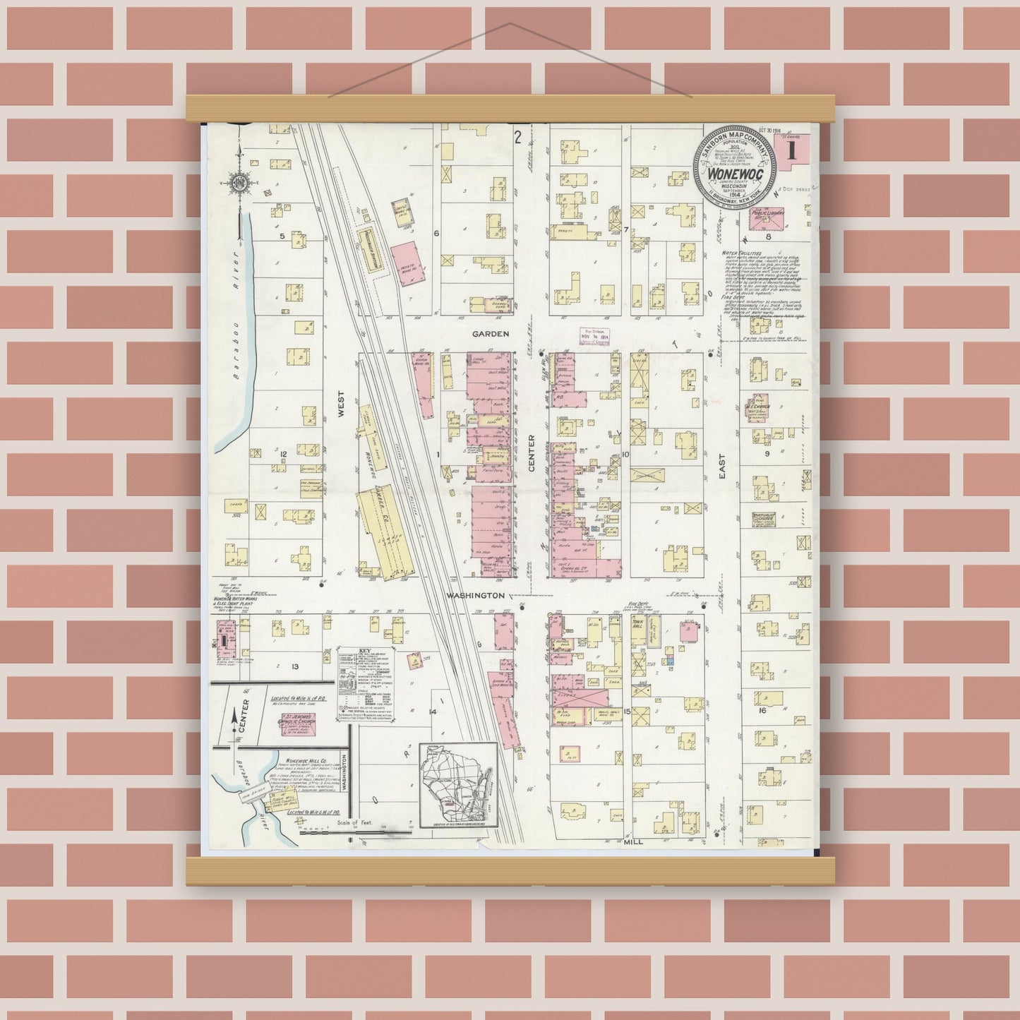 Old map wall art mockup — magnetic wood frame on brick wall — Sanborn Fire Insurance Map from Wonewoc, Juneau County, Wisconsin (1914), Sheet #0001