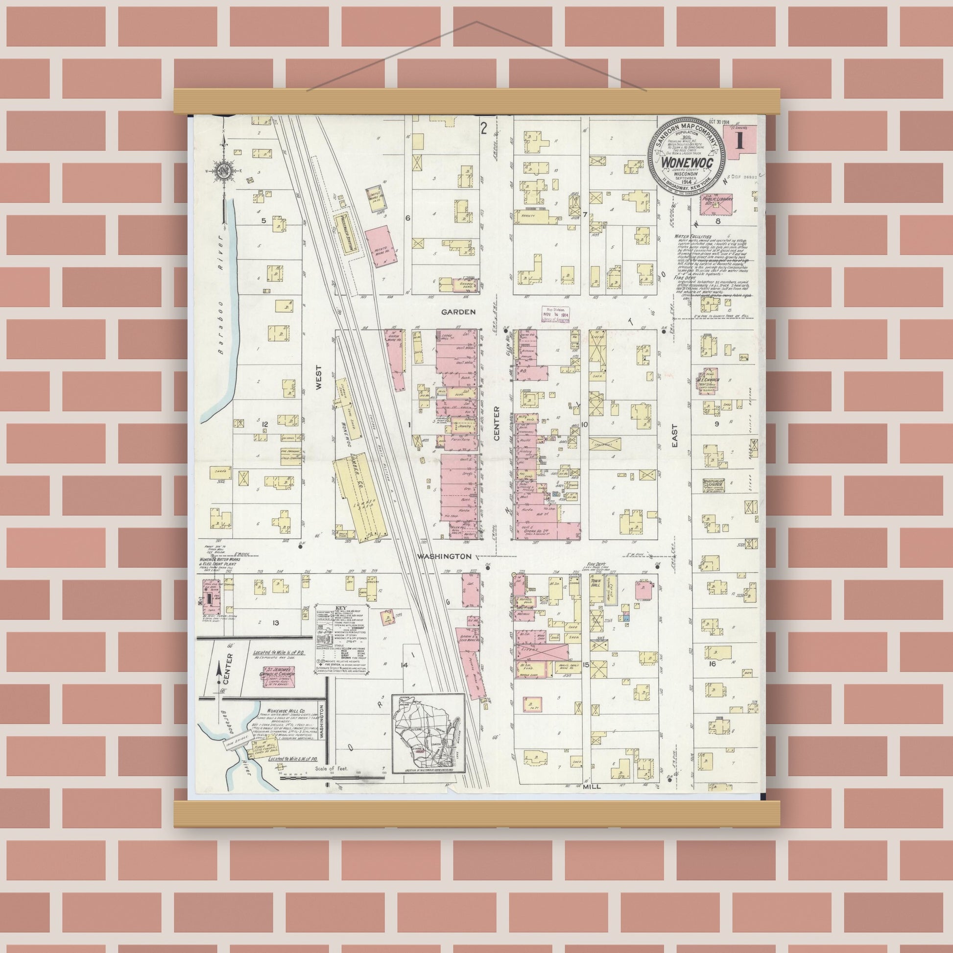 Old map wall art mockup — magnetic wood frame on brick wall — Sanborn Fire Insurance Map from Wonewoc, Juneau County, Wisconsin (1914), Sheet #0001