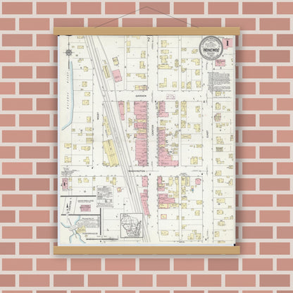 Old map wall art mockup — magnetic wood frame on brick wall — Sanborn Fire Insurance Map from Wonewoc, Juneau County, Wisconsin (1914), Sheet #0001